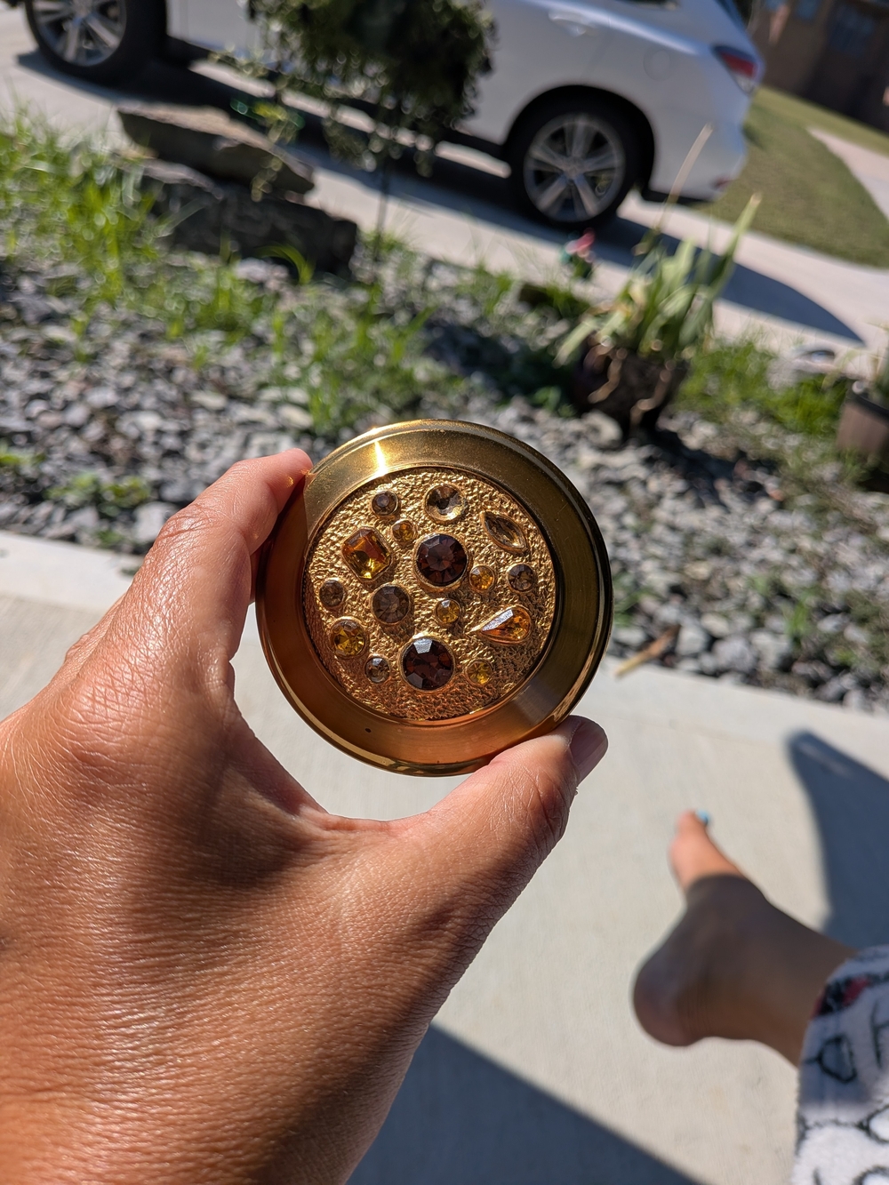 Compact Vintage MidCentury Powder Brass W/ Glass Fauceted Stones-Made In Britian